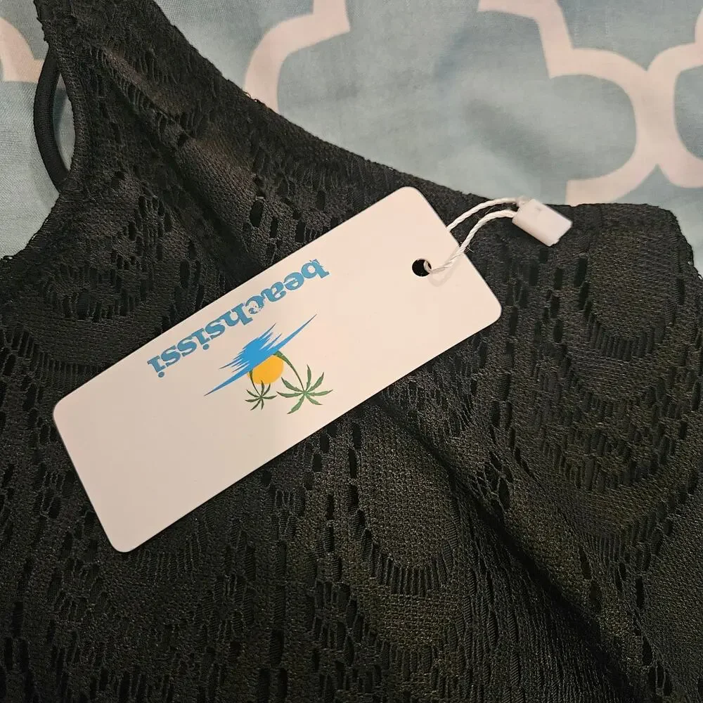 Beachsissi Lace Overlay Bikini Swim Top Women's XL Black Flounce NWT